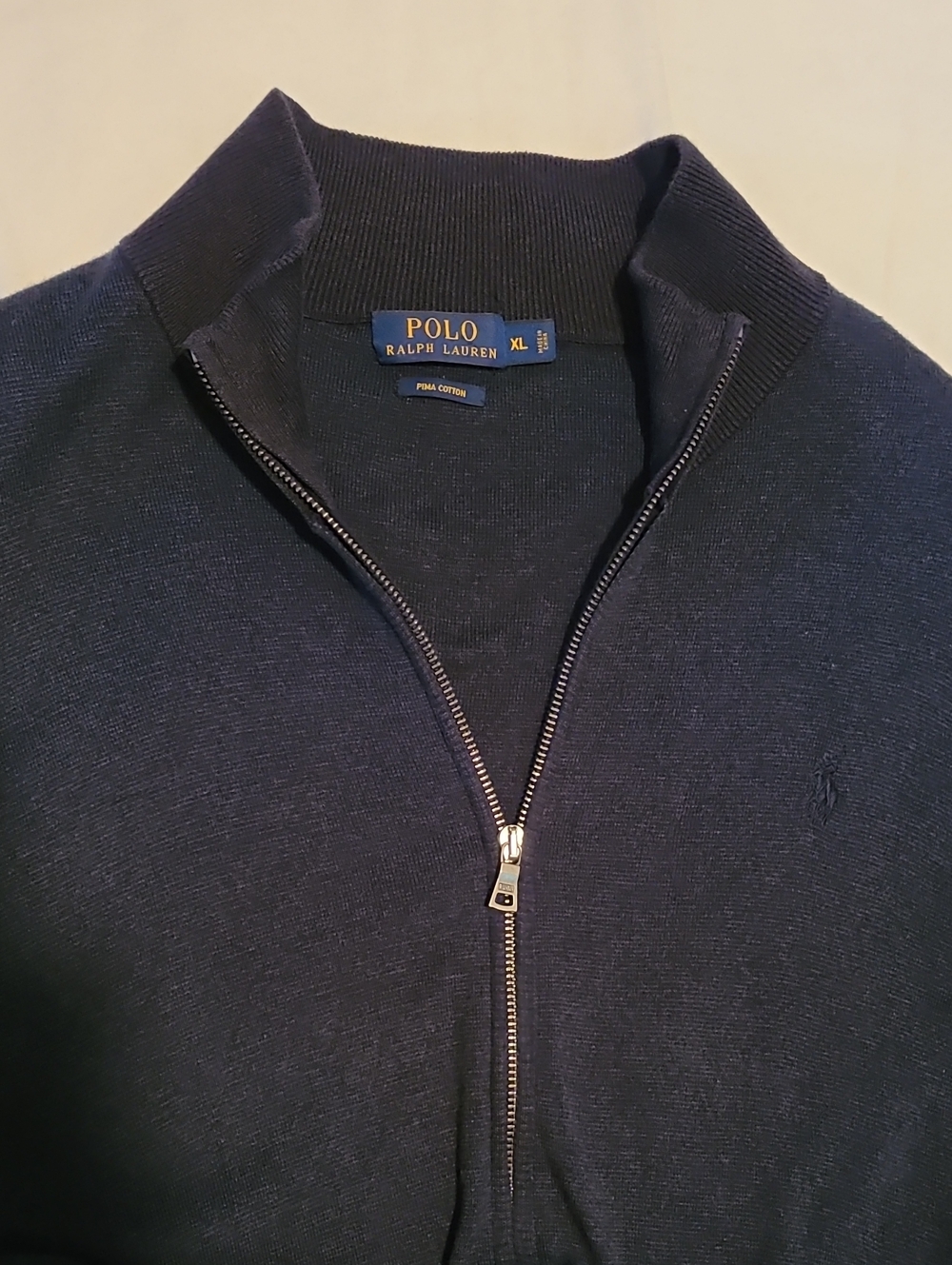 Polo Raulph Lauren Full Zip Sweater, Size XL, Navy, 100% Pima Cotton Mockneck